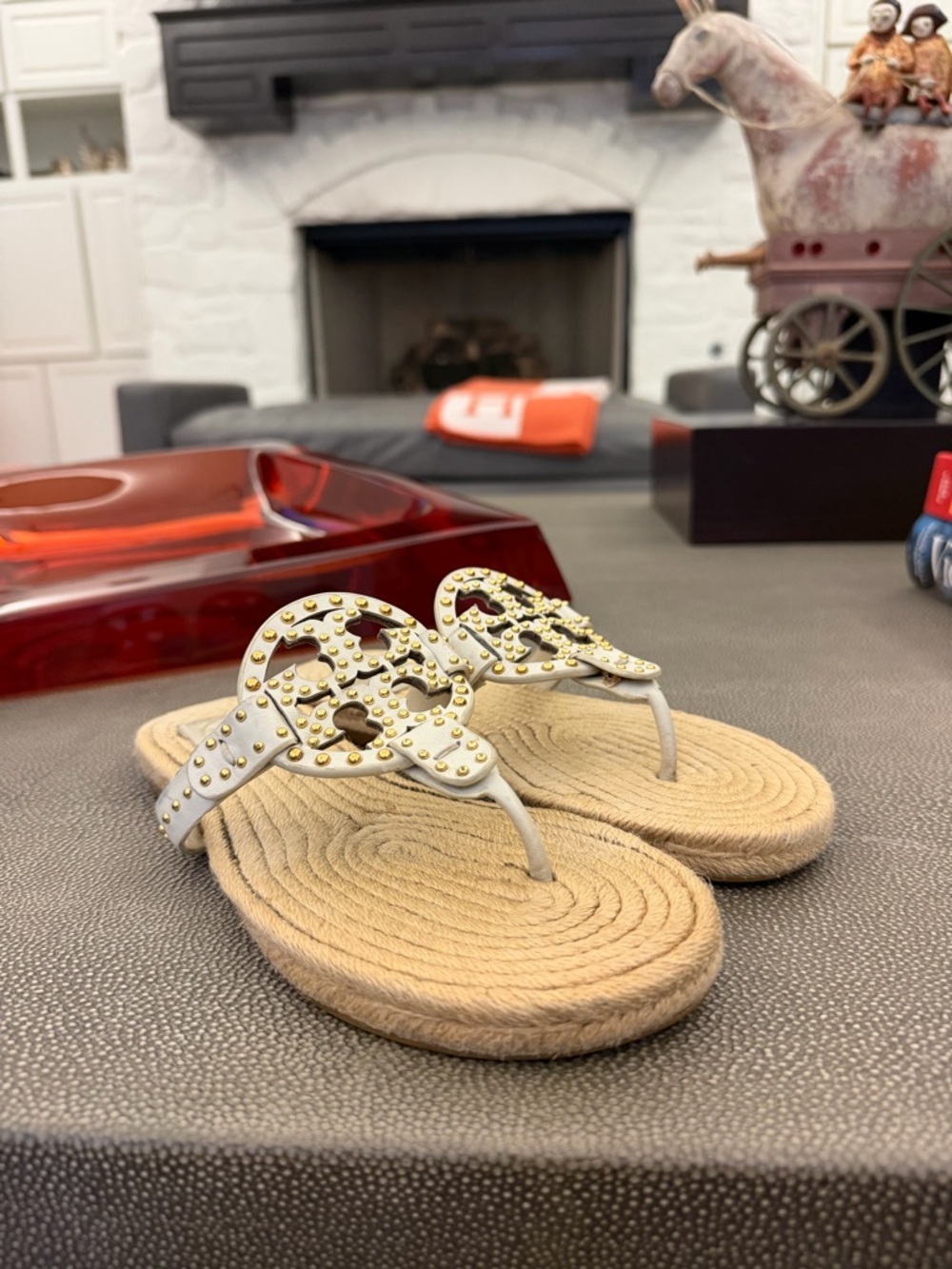 Tory Burch White Leather Studded Espadrille Sandals